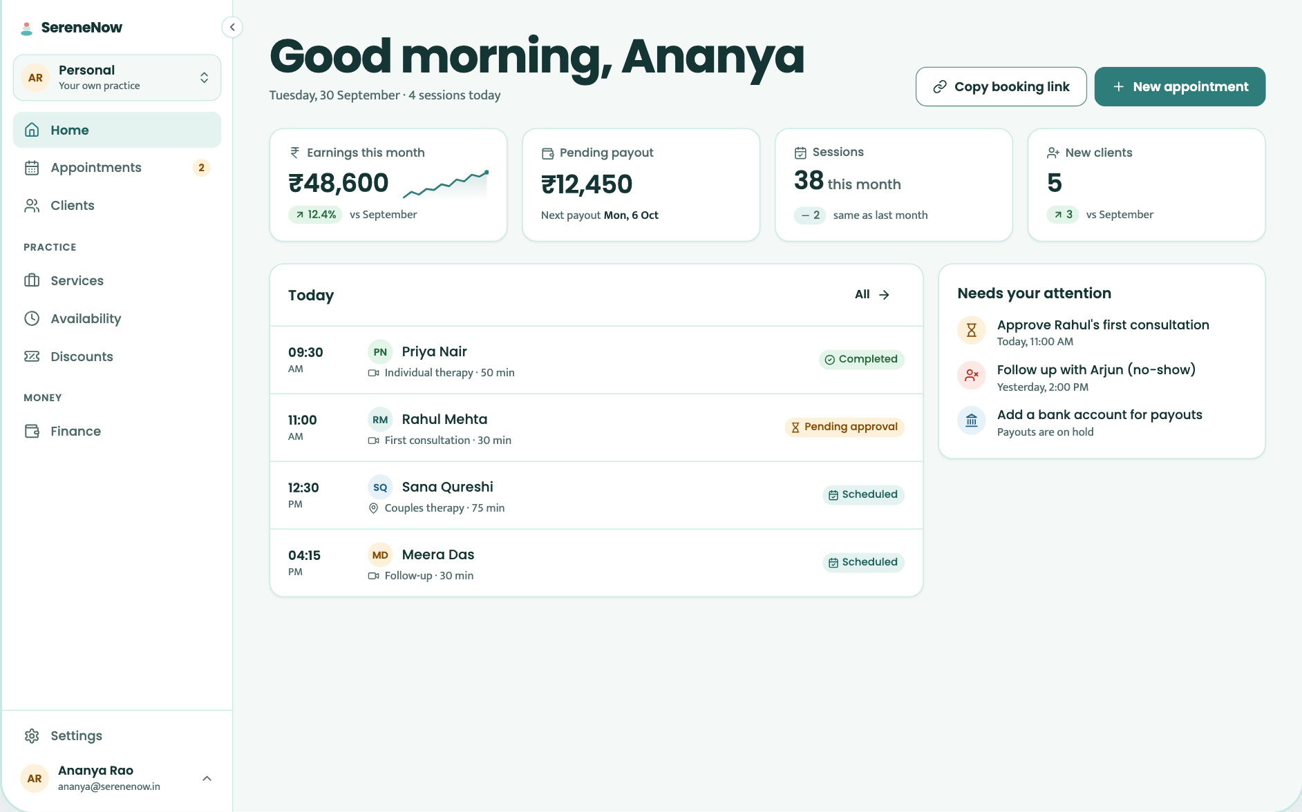 SereneNow Home: today's sessions, earnings and payouts